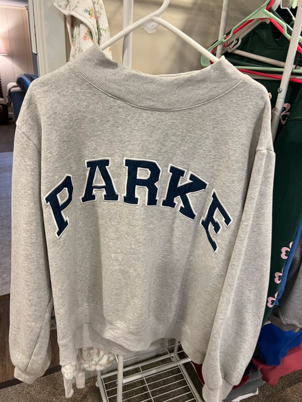 Parker Grey Crewneck Sweatshirt with Navy Lettering